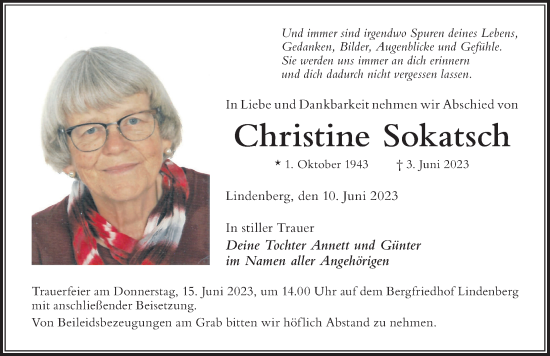 Traueranzeige von Christine Sokatsch von Der Westallgäuer