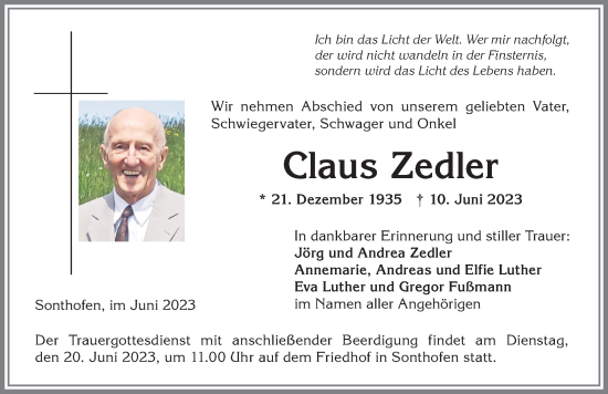 Traueranzeige von Claus Zedler von Allgäuer Anzeigeblatt