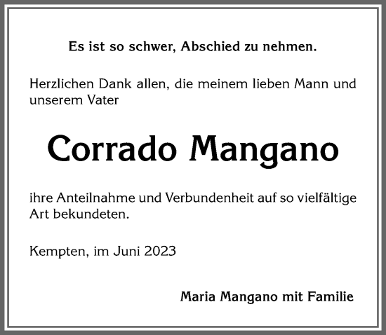 Traueranzeige von Corrado Mangano von Allgäuer Zeitung,Kempten
