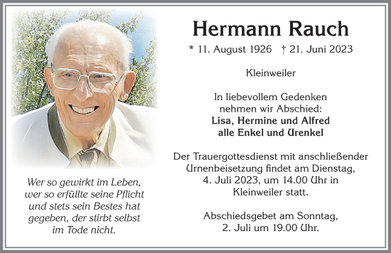Traueranzeige von Hermann Rauch von Allgäuer Zeitung,Kempten