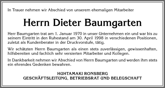 Traueranzeige von Dieter Baumgarten von Allgäuer Zeitung,Kempten