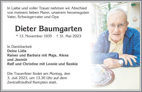 Traueranzeige von Dieter Baumgarten von Allgäuer Zeitung,Kempten