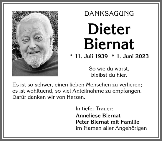 Traueranzeige von Dieter Biernat von Allgäuer Zeitung,Kempten