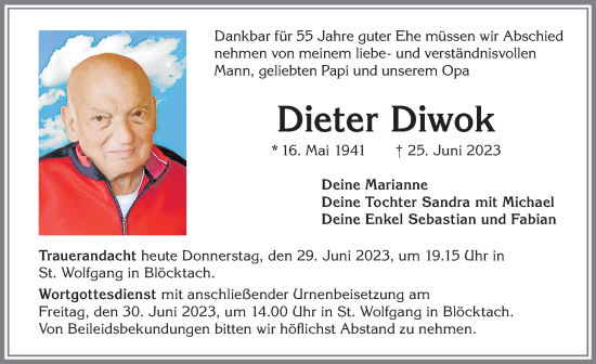 Traueranzeige von Dieter Diwok von Allgäuer Zeitung, Kaufbeuren/Buchloe