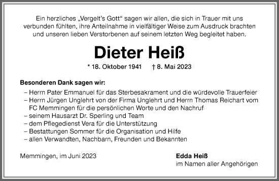 Traueranzeige von Dieter Heiß von Memminger Zeitung