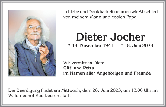 Traueranzeige von Dieter Jocher von Allgäuer Zeitung, Kaufbeuren/Buchloe