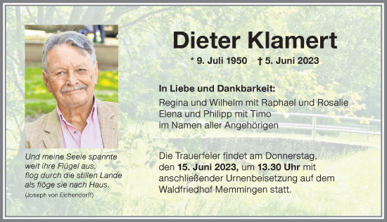 Traueranzeige von Dieter Klamert von Memminger Zeitung