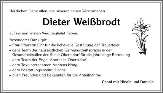 Traueranzeige von Dieter Weißbrodt von Allgäuer Anzeigeblatt