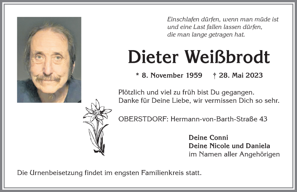  Traueranzeige für Dieter Weißbrodt vom 01.06.2023 aus Allgäuer Anzeigeblatt