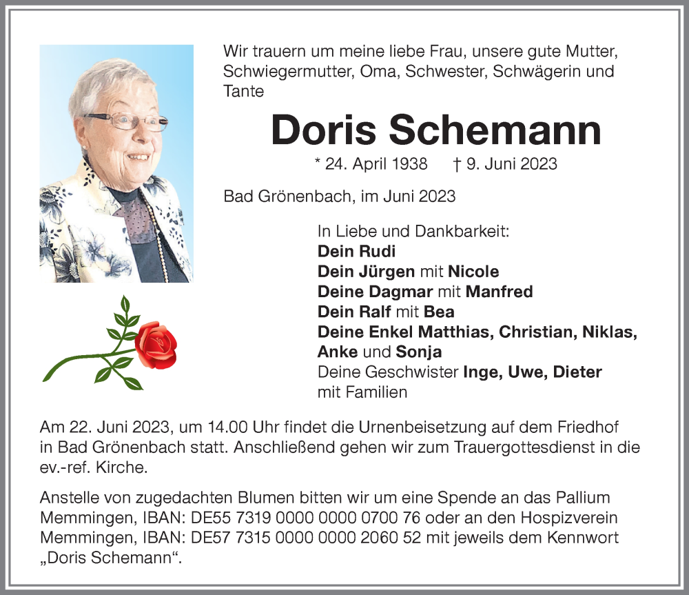  Traueranzeige für Doris Schemann vom 17.06.2023 aus Memminger Zeitung