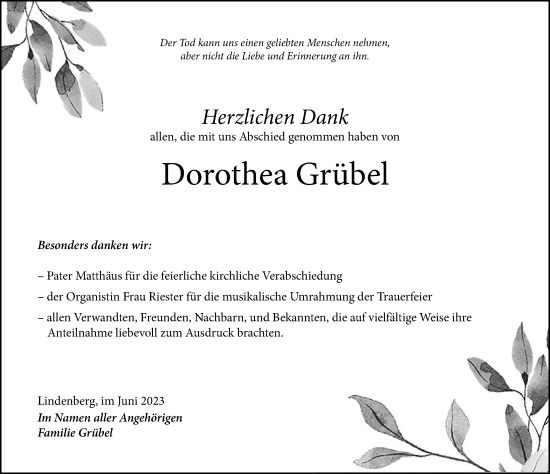Traueranzeige von Dorothea Grübel von Der Westallgäuer