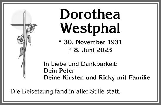 Traueranzeige von Dorothea Westphal von Allgäuer Zeitung,Kempten