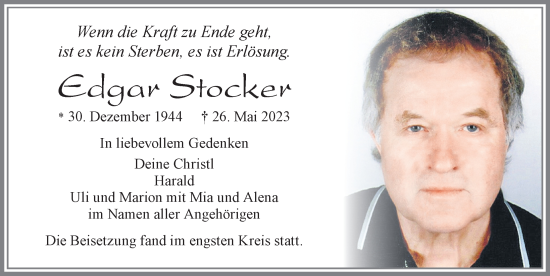 Traueranzeige von Edgar Stocker von Allgäuer Zeitung, Füssen