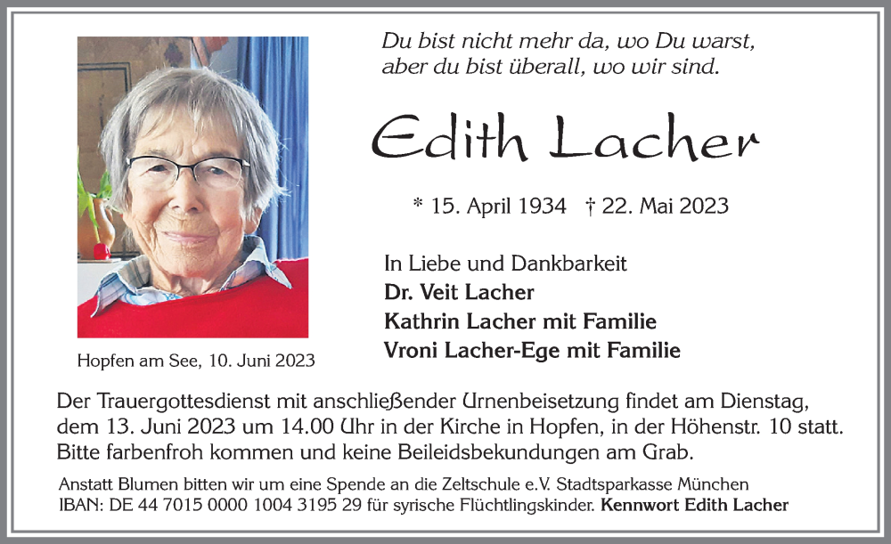  Traueranzeige für Edith Lacher vom 10.06.2023 aus Allgäuer Zeitung, Füssen