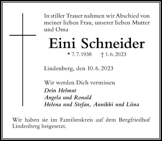 Traueranzeige von Eini Schneider von Der Westallgäuer