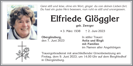 Traueranzeige von Elfriede Glöggler von Allgäuer Zeitung, Marktoberdorf