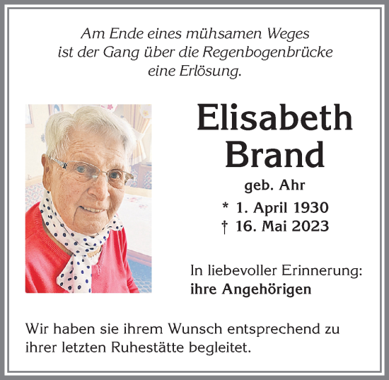 Traueranzeige von Elisabeth Brand von Allgäuer Zeitung, Marktoberdorf