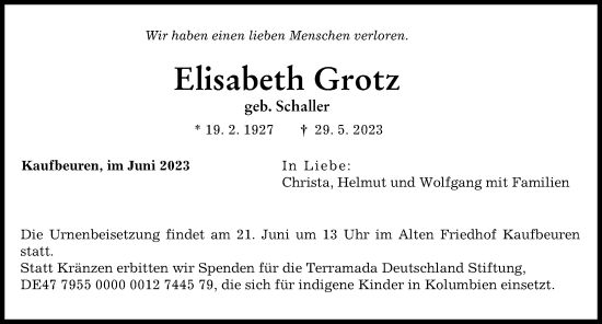 Traueranzeige von Elisabeth Grotz von Allgäuer Zeitung, Kaufbeuren/Buchloe