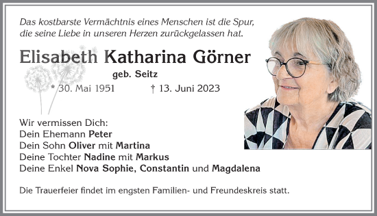 Traueranzeige von Elisabeth Katharina Görner von Allgäuer Zeitung, Kaufbeuren/Buchloe