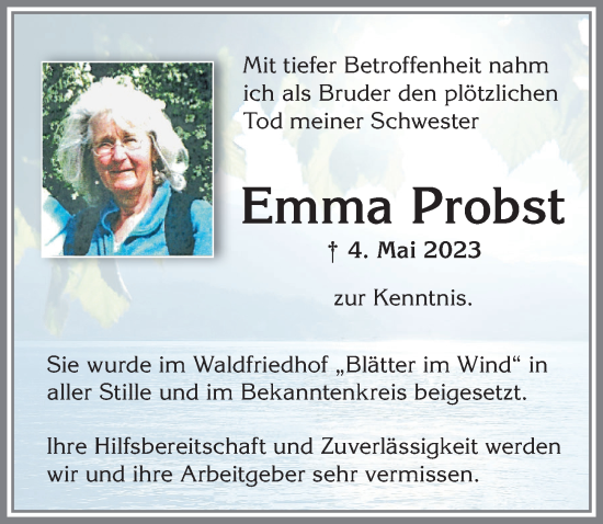 Traueranzeige von Emma Probst von Allgäuer Zeitung,Kempten