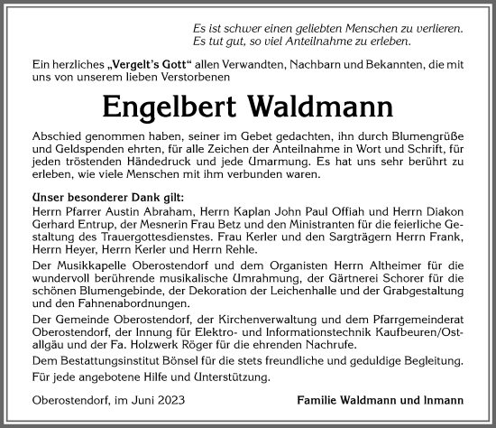 Traueranzeige von Engelbert Waldmann von Allgäuer Zeitung, Kaufbeuren/Buchloe