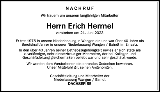 Traueranzeige von Erich Hermel von Der Westallgäuer