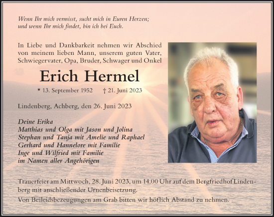 Traueranzeige von Erich Hermel von Der Westallgäuer
