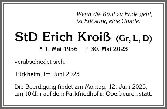 Traueranzeige von Erich Kroiß von Mindelheimer Zeitung, Augsburger Allgemeine