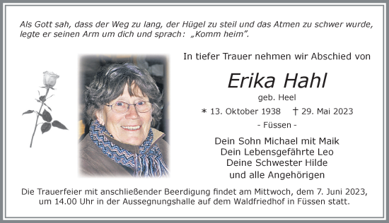 Traueranzeige von Erika Hahl von Allgäuer Zeitung, Füssen
