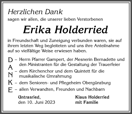 Traueranzeige von Erika Holderried von Allgäuer Zeitung, Marktoberdorf
