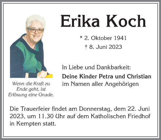 Traueranzeige von Erika Koch von Allgäuer Zeitung,Kempten