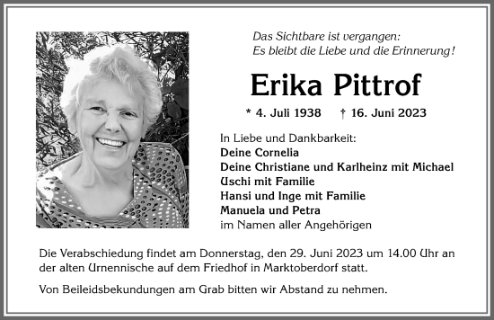 Traueranzeige von Erika Pittrof von Allgäuer Zeitung, Marktoberdorf