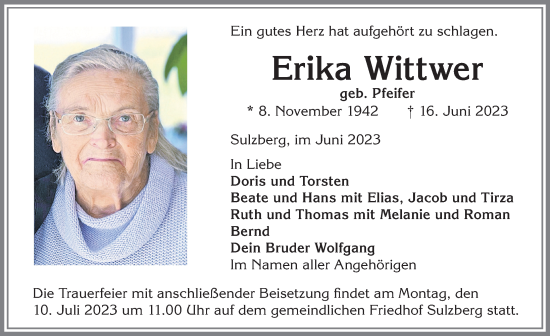 Traueranzeige von Erika Wittwer von Allgäuer Zeitung,Kempten