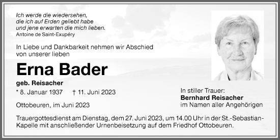 Traueranzeige von Erna Bader von Memminger Zeitung