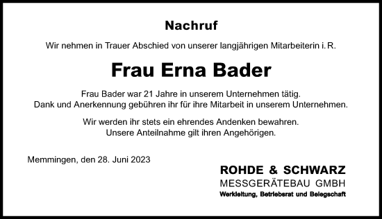 Traueranzeige von Erna Bader von Memminger Zeitung