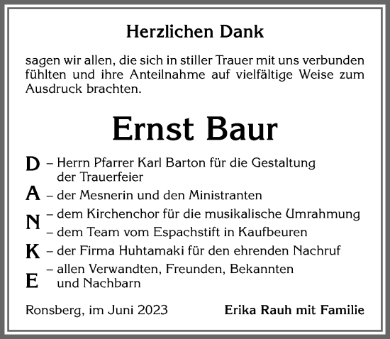 Traueranzeige von Ernst Baur von Allgäuer Zeitung, Marktoberdorf