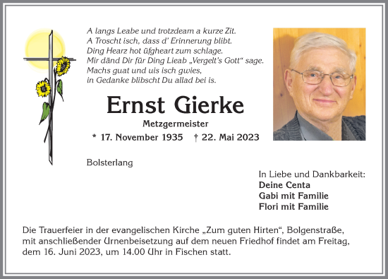 Traueranzeige von Ernst Gierke von Allgäuer Anzeigeblatt