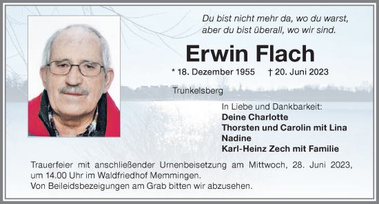 Traueranzeige von Erwin Flach von Memminger Zeitung