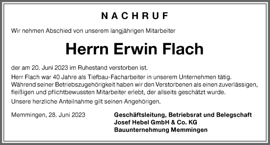 Traueranzeige von Erwin Flach von Memminger Zeitung