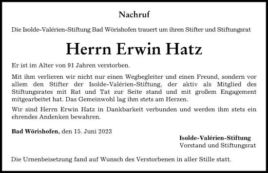 Traueranzeige von Erwin Hatz von Augsburger Allgemeine, Mindelheimer Zeitung
