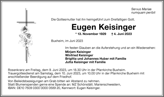 Traueranzeige von Eugen Keisinger von Memminger Zeitung