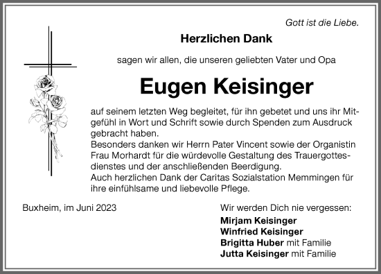 Traueranzeige von Eugen Keisinger von Memminger Zeitung