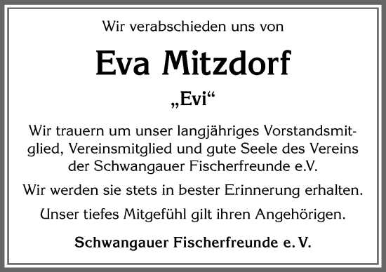 Traueranzeige von Eva Mitzdorf von Allgäuer Zeitung, Füssen