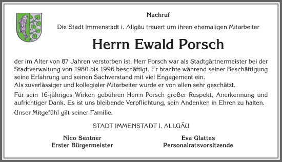 Traueranzeige von Ewald Porsch von Allgäuer Anzeigeblatt