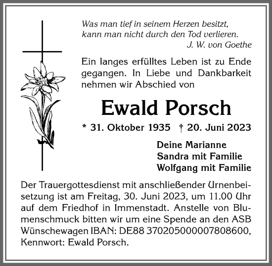 Traueranzeige von Ewald Porsch von Allgäuer Anzeigeblatt