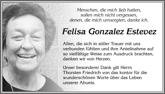 Traueranzeige von Felisa Gonzalez Estevez von Allgäuer Zeitung, Kaufbeuren/Buchloe