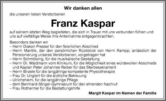 Traueranzeige von Franz Kaspar von Memminger Zeitung