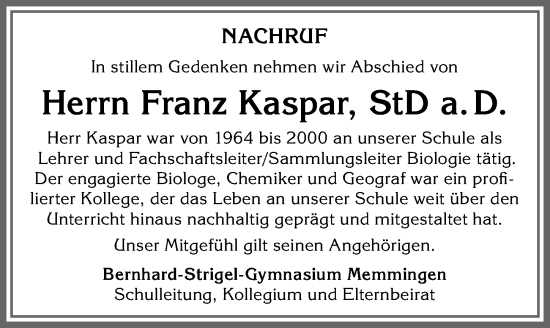 Traueranzeige von Franz Kaspar von Memminger Zeitung
