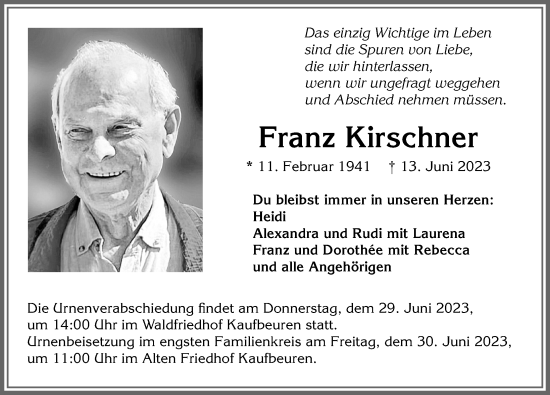Traueranzeige von Franz Kirschner von Allgäuer Zeitung, Kaufbeuren/Buchloe