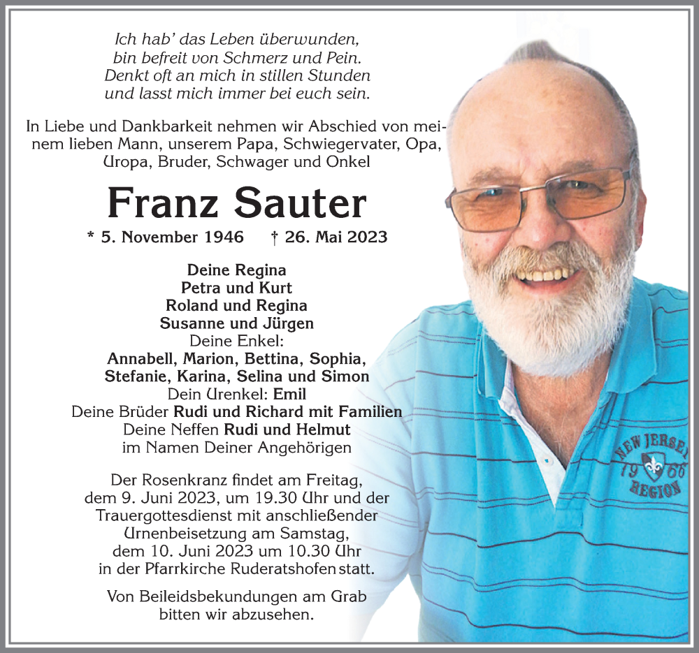  Traueranzeige für Franz Sauter vom 07.06.2023 aus Allgäuer Zeitung, Marktoberdorf